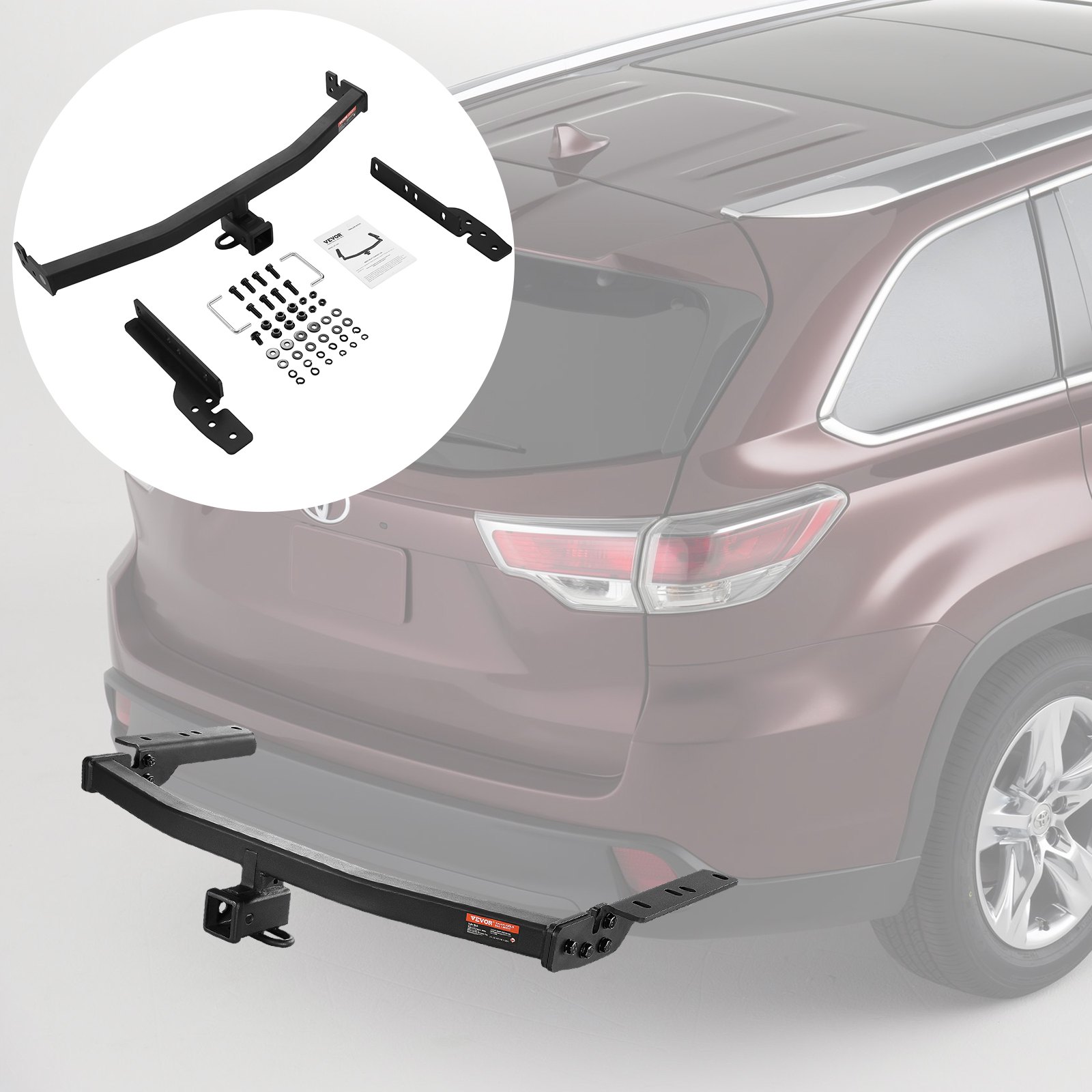 VEVOR class 3 trailer hitch installed on suv rear, assembly parts shown in inset.