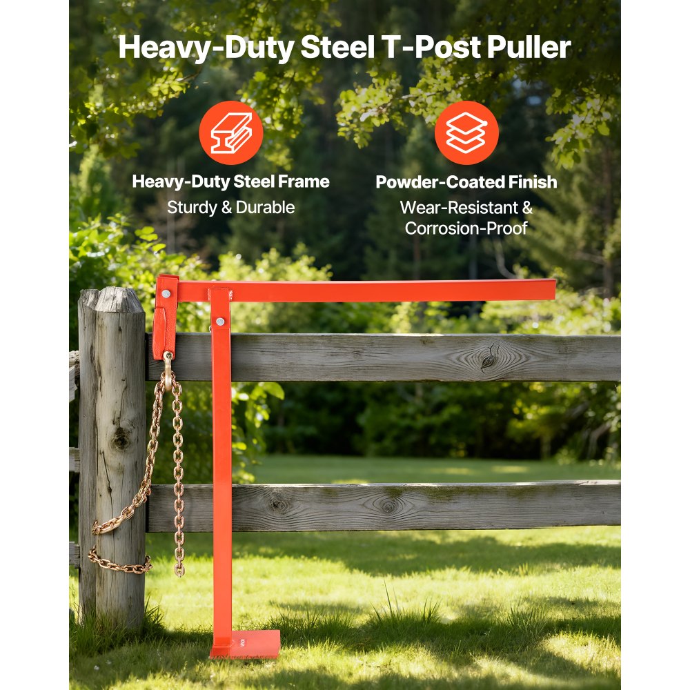 VEVOR 91.4 cm T Post Puller, Heavy Duty Fence Post Pullers with Puller Plate & 119 cm Lifting Chain, Labor-Saving T-Post Remover Tool for Round Fence Posts, Sign Posts & Tree Stumps