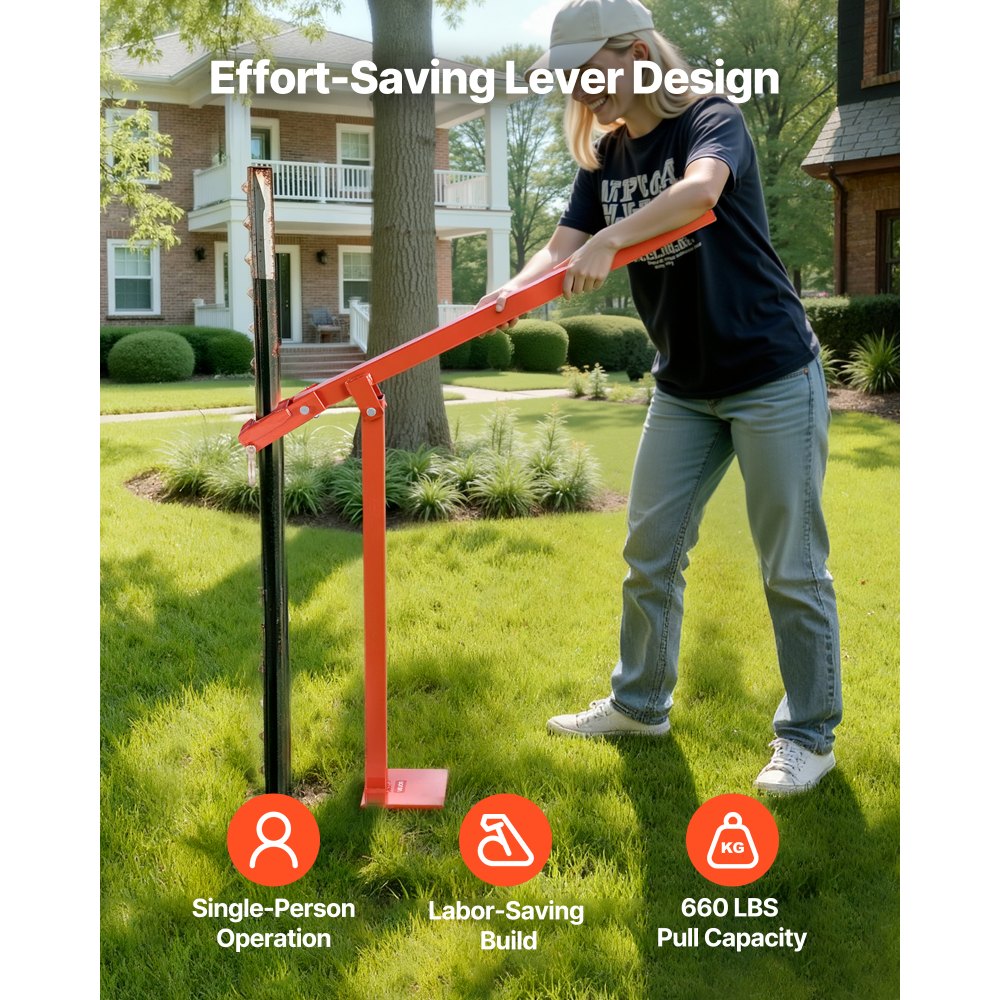 VEVOR 91.4 cm T Post Puller, Heavy Duty Fence Post Pullers with Puller Plate & 119 cm Lifting Chain, Labor-Saving T-Post Remover Tool for Round Fence Posts, Sign Posts & Tree Stumps