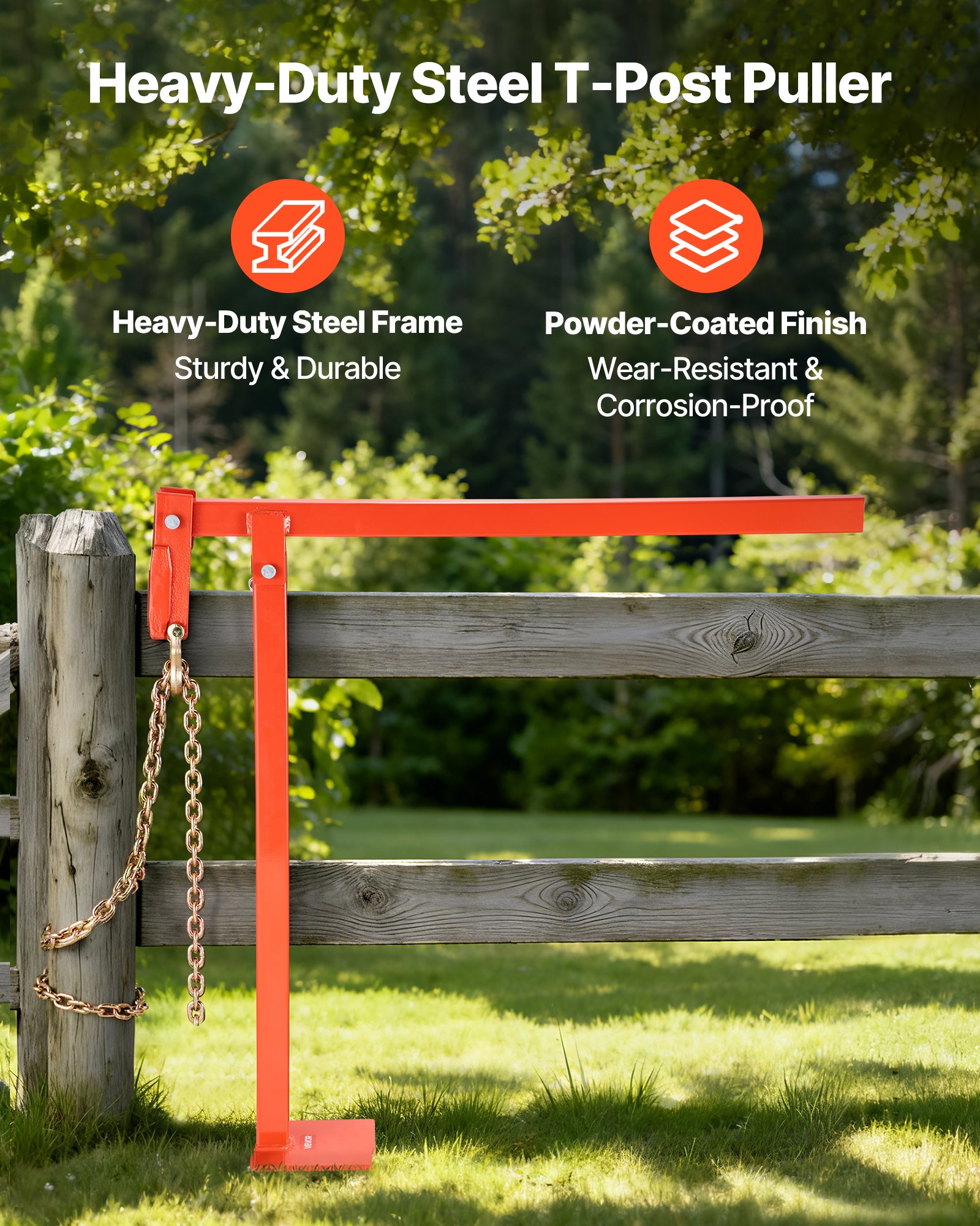 VEVOR 91.4 cm T Post Puller, Heavy Duty Fence Post Pullers with Puller Plate & 119 cm Lifting Chain, Labor-Saving T-Post Remover Tool for Round Fence Posts, Sign Posts & Tree Stumps
