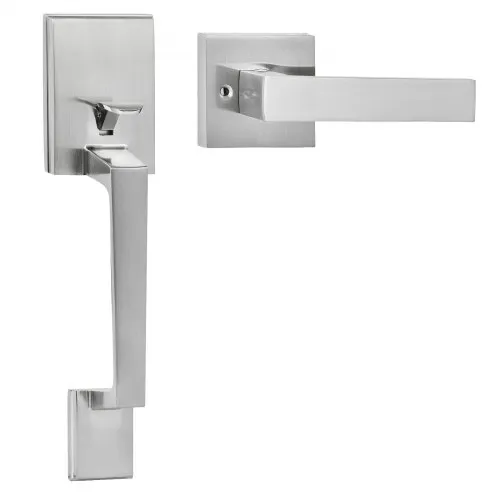VEVOR Entry Door Handle, Satin Nickel Square Handle Set with Lever Door Handle No Lock, Adjustable Hole Space, Front Door Handle with Reversible for Right and Left Handed Entrance and Front Door