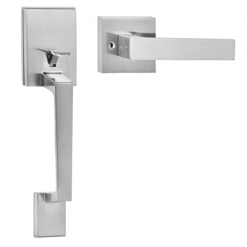 VEVOR Entry Door Handle, Satin Nickel Square Handle Set with Lever Door Handle No Lock, Adjustable Hole Space, Front Door Handle with Reversible for Right and Left Handed Entrance and Front Door