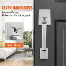VEVOR Front Door Handle, Satin Nickel Square Handle Set with Lever Door Handle No Lock, Adjustable Hole Space, Entry Door Handle with Reversible for Right and Left Handed Entrance and Front Door