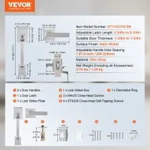 VEVOR Front Door Handle, Satin Nickel Square Handle Set with Lever Door Handle No Lock, Adjustable Hole Space, Entry Door Handle with Reversible for Right and Left Handed Entrance and Front Door
