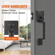 VEVOR Front Door Handle, Matte Black Square Handle Set with Lever Door Handle No Lock, Adjustable Hole Space, Entry Door Handle with Reversible for Right and Left Handed Entrance and Front Door