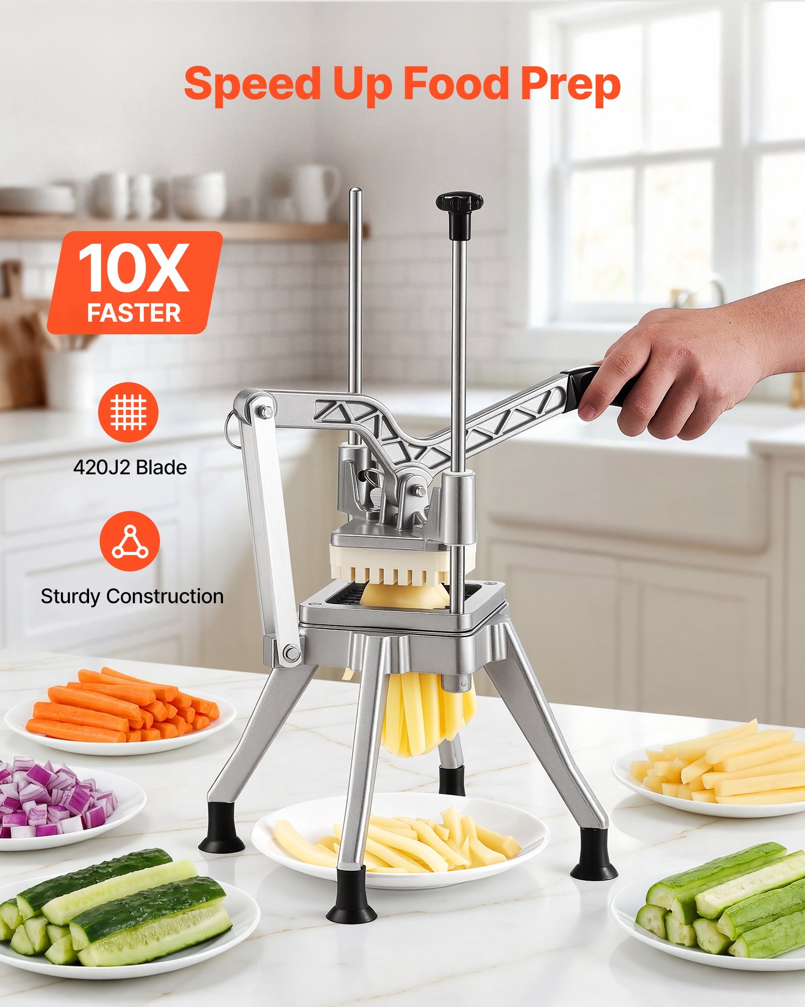 VEVOR French Fry Cutter, Commercial Vegetable Chopper with 0.6 cm 420J2 Stainless Steel Blade, Lemon Potato Dicer & Fruit Slicer, with Ergonomic Handle and Non-slip Rubber Feet, for Restaurant Kitchen