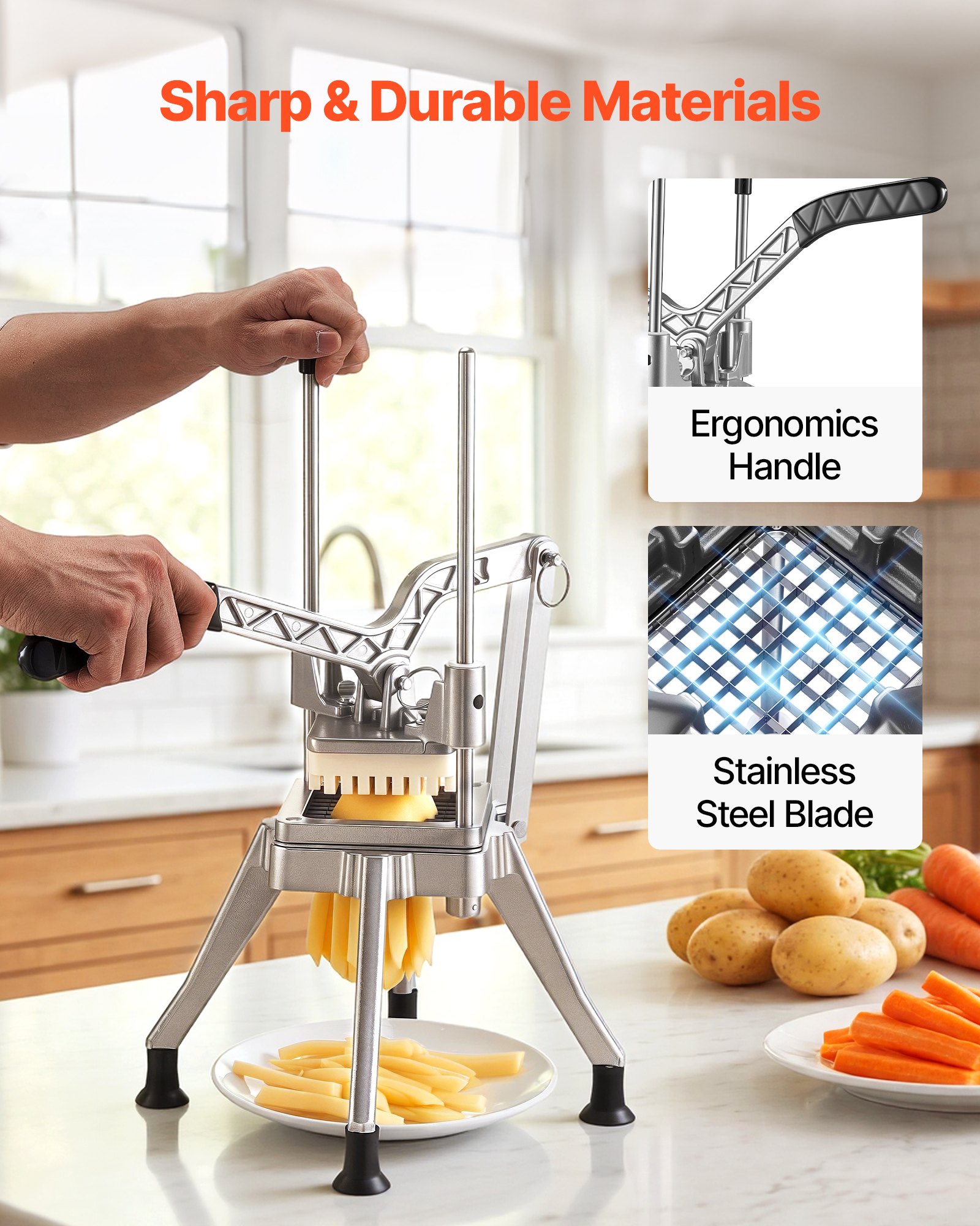 VEVOR French Fry Cutter, Commercial Vegetable Chopper with 0.6 cm 420J2 Stainless Steel Blade, Lemon Potato Dicer & Fruit Slicer, with Ergonomic Handle and Non-slip Rubber Feet, for Restaurant Kitchen