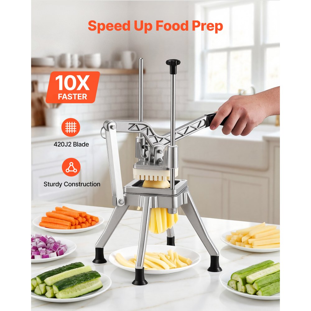 VEVOR French Fry Cutter, Commercial Vegetable Chopper with 0.9 cm 420J2 Stainless Steel Blade, Lemon Potato Dicer & Fruit Slicer, with Ergonomic Handle and Non-slip Rubber Feet, for Restaurant Kitchen