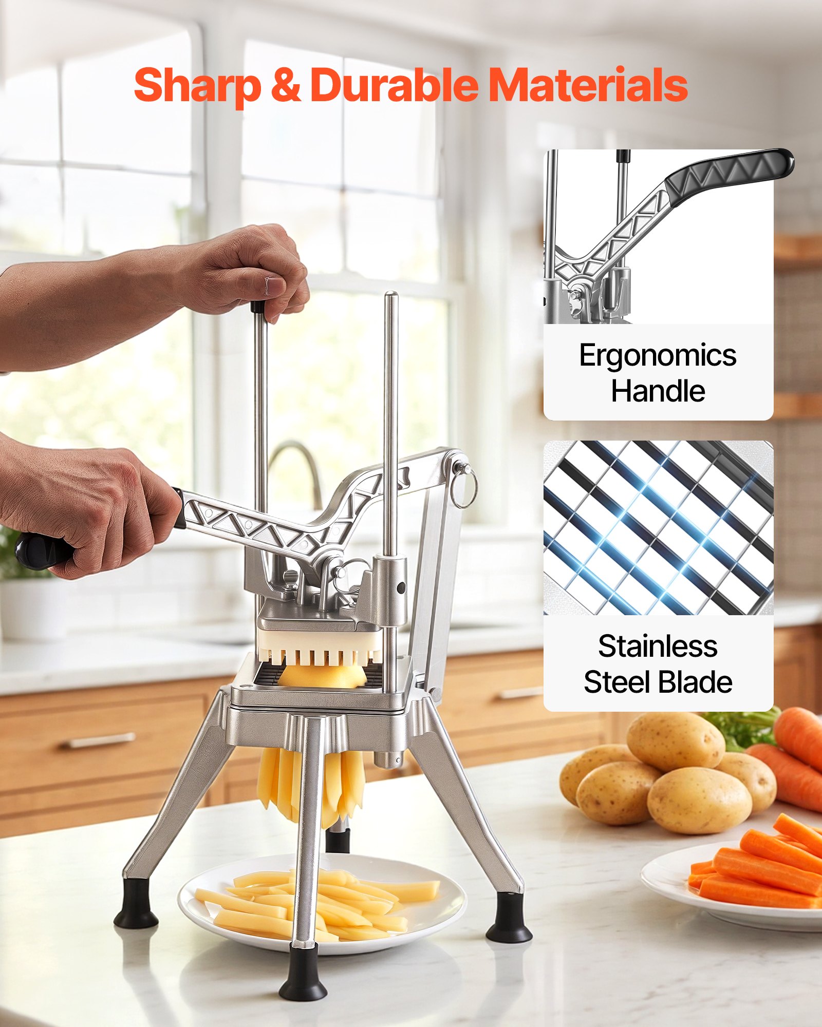 VEVOR French Fry Cutter, Commercial Vegetable Chopper with 1.3 cm 420J2 Stainless Steel Blade, Lemon Potato Dicer & Fruit Slicer, with Ergonomic Handle and Non-slip Rubber Feet, for Restaurant Kitchen