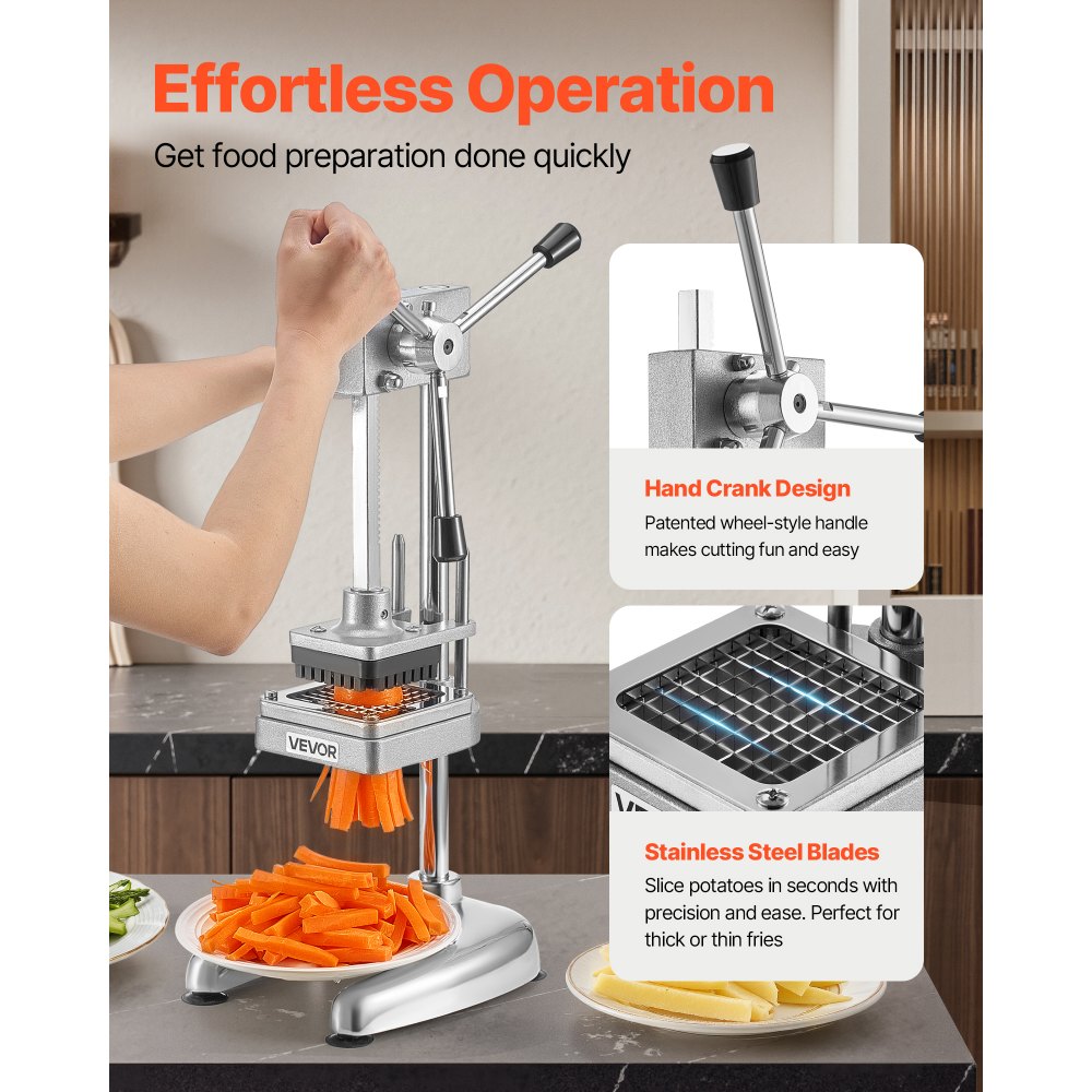 VEVOR Commercial French Fry Cutter, Stainless Steel Vegetable Fruit Chopper with 3 Replacement Blades 1/2-Inch 3/8-Inch 1/4-Inch, Manual Potato Slicer Dicer for Restaurants & Home Kitchen