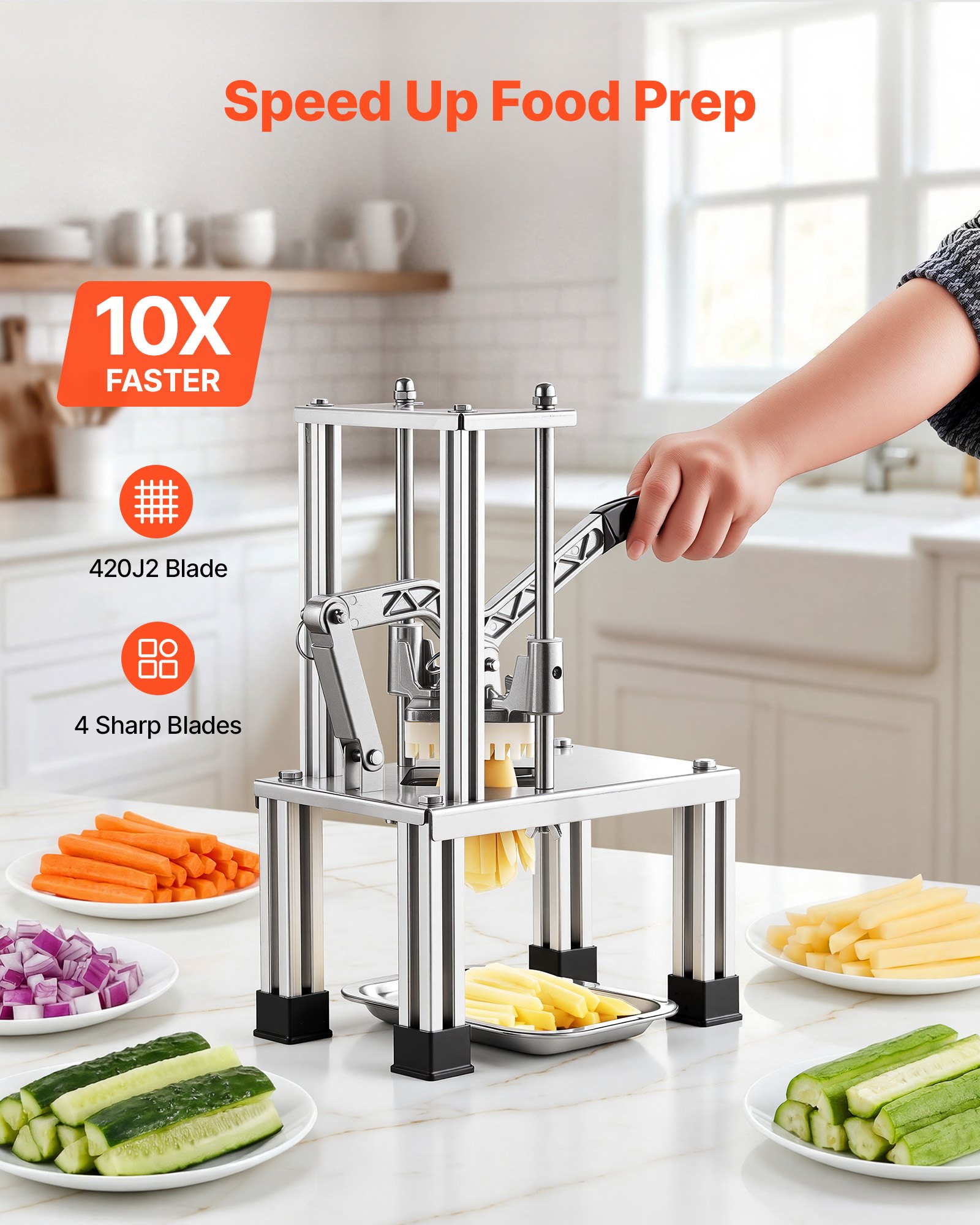 VEVOR French Fry Cutter, Commercial Vegetable Chopper with 4 Replacement Blades, 0.6 cm, 0.9 cm Blade Easy Dicer Chopper, 6-wedge Slicer and 6-wedge Apple Corer, 420J2 Stainless Steel, Restaurant