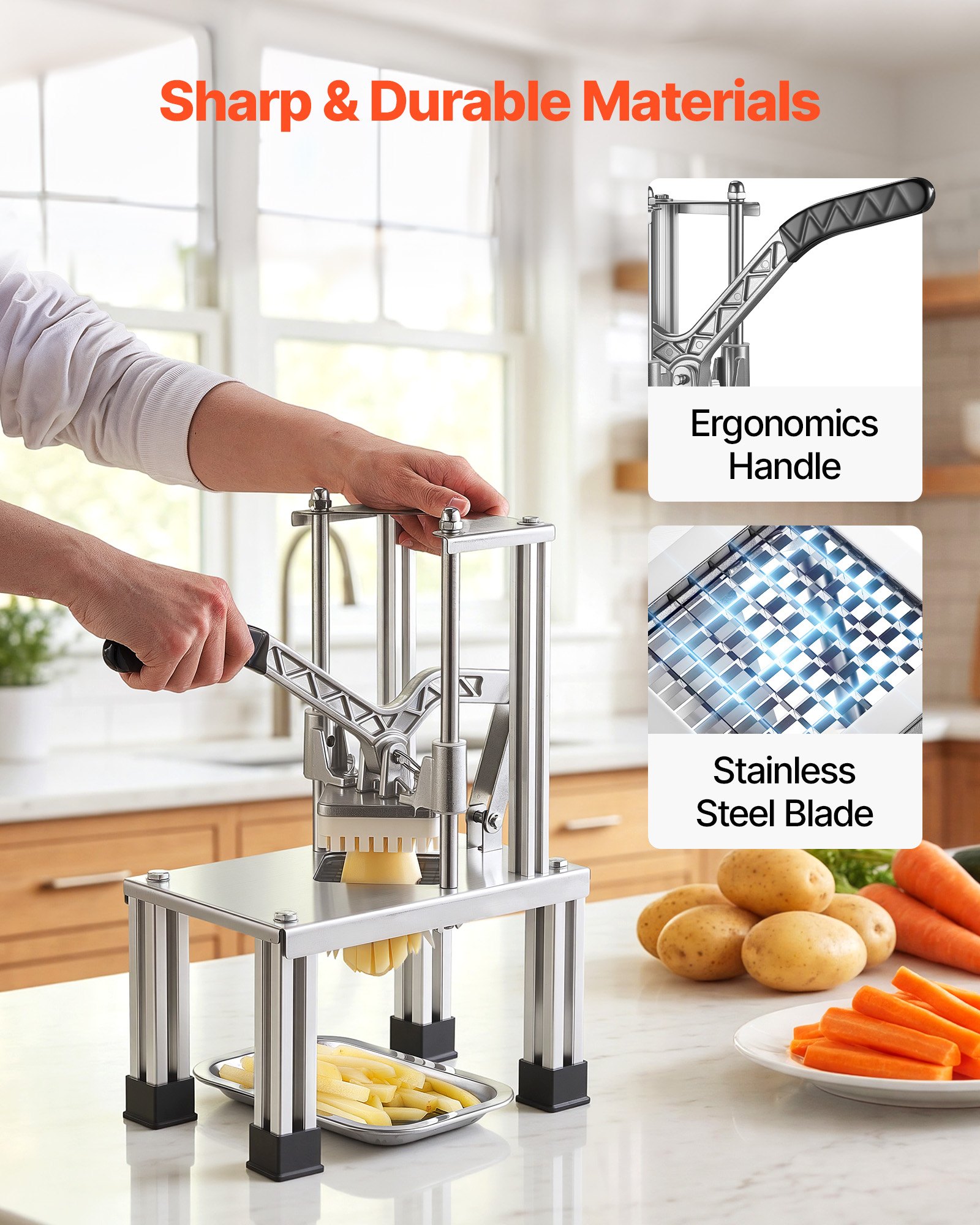 VEVOR French Fry Cutter, Commercial Vegetable Chopper with 4 Replacement Blades, 0.6 cm, 0.9 cm Blade Easy Dicer Chopper, 6-wedge Slicer and 6-wedge Apple Corer, 420J2 Stainless Steel, Restaurant