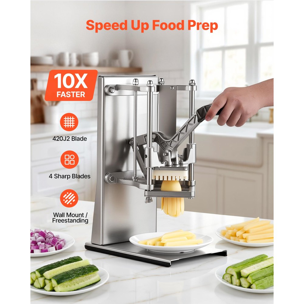 VEVOR French Fry Cutter, Commercial Vegetable Chopper with 4 Replacement Blades, 0.6 cm, 0.9 cm Blade Easy Dicer Chopper, 6-wedge Slicer and 6-wedge Apple Corer, 420J2 Stainless Steel, Wall Mount