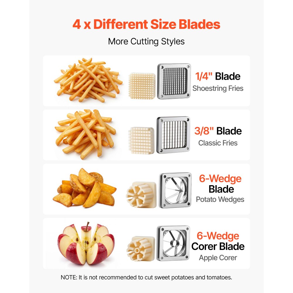 VEVOR French Fry Cutter, Commercial Vegetable Chopper with 4 Replacement Blades, 0.6 cm, 0.9 cm Blade Easy Dicer Chopper, 6-wedge Slicer and 6-wedge Apple Corer, 420J2 Stainless Steel, Wall Mount