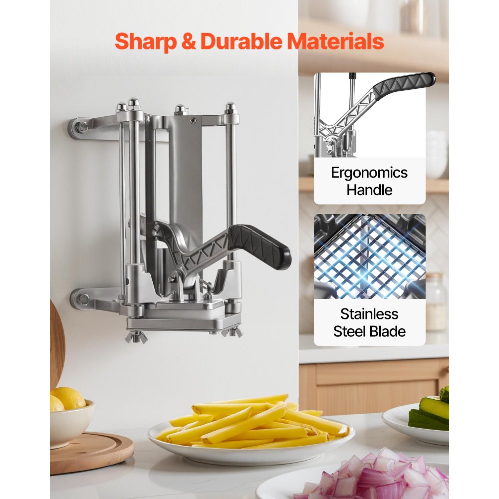 VEVOR French Fry Cutter, Commercial Vegetable Chopper with 4 Replacement Blades, 0.6 cm, 0.9 cm Blade Easy Dicer Chopper, 6-wedge Slicer and 6-wedge Apple Corer, 420J2 Stainless Steel, Wall Mount