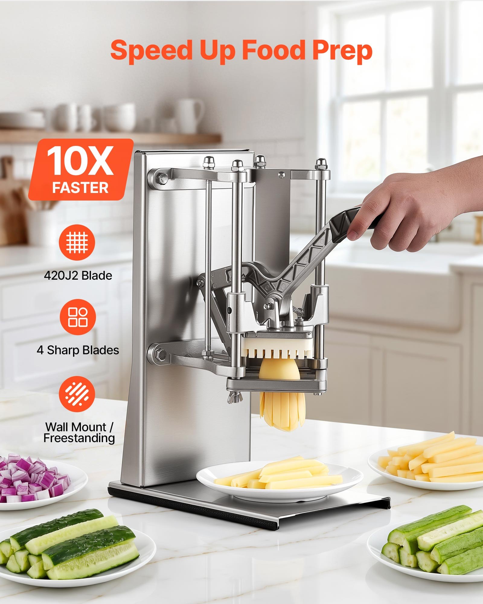 VEVOR French Fry Cutter, Commercial Vegetable Chopper with 4 Replacement Blades, 0.6 cm, 0.9 cm Blade Easy Dicer Chopper, 6-wedge Slicer and 6-wedge Apple Corer, 420J2 Stainless Steel, Wall Mount