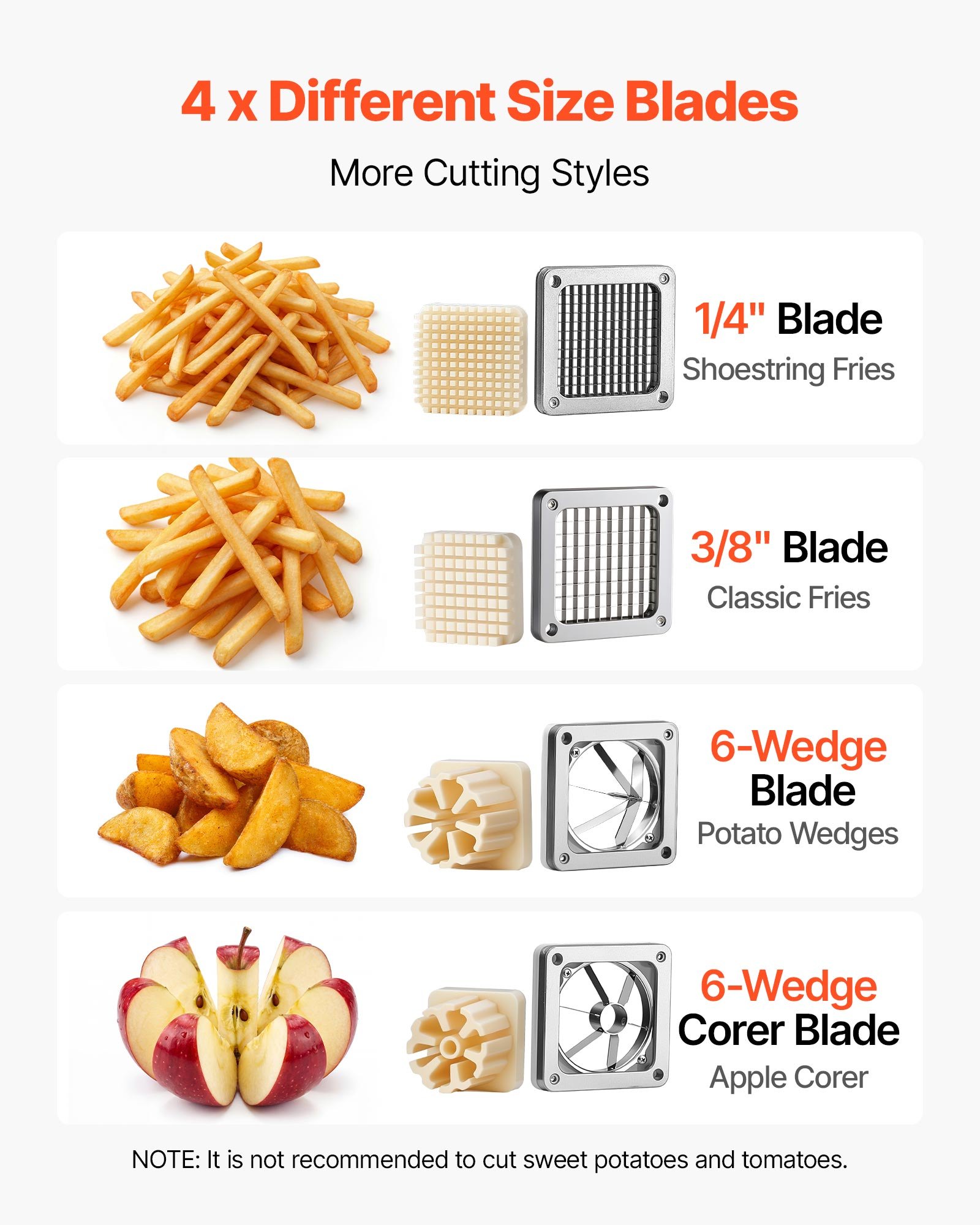 VEVOR French Fry Cutter, Commercial Vegetable Chopper with 4 Replacement Blades, 0.6 cm, 0.9 cm Blade Easy Dicer Chopper, 6-wedge Slicer and 6-wedge Apple Corer, 420J2 Stainless Steel, Wall Mount