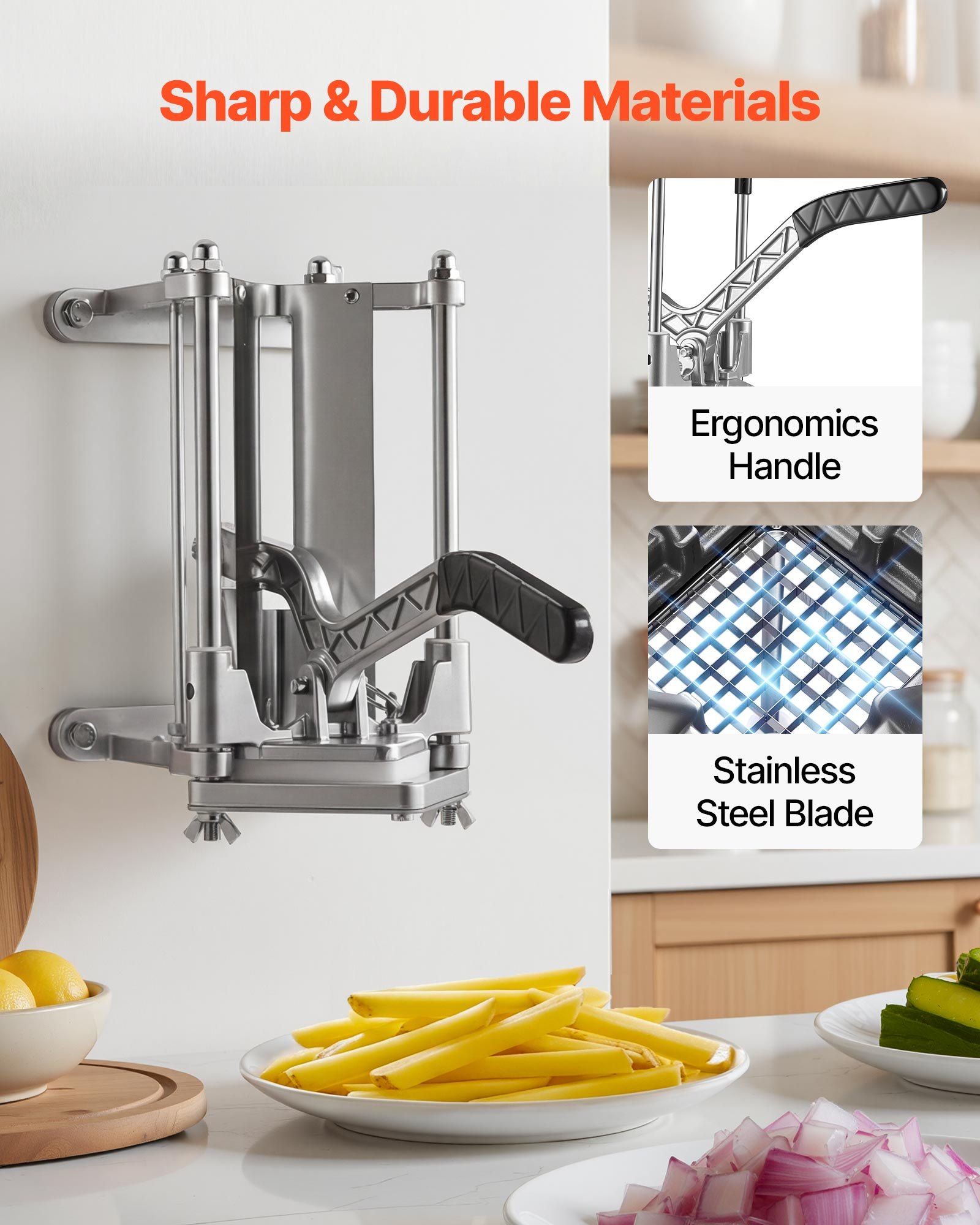 VEVOR French Fry Cutter, Commercial Vegetable Chopper with 4 Replacement Blades, 0.6 cm, 0.9 cm Blade Easy Dicer Chopper, 6-wedge Slicer and 6-wedge Apple Corer, 420J2 Stainless Steel, Wall Mount