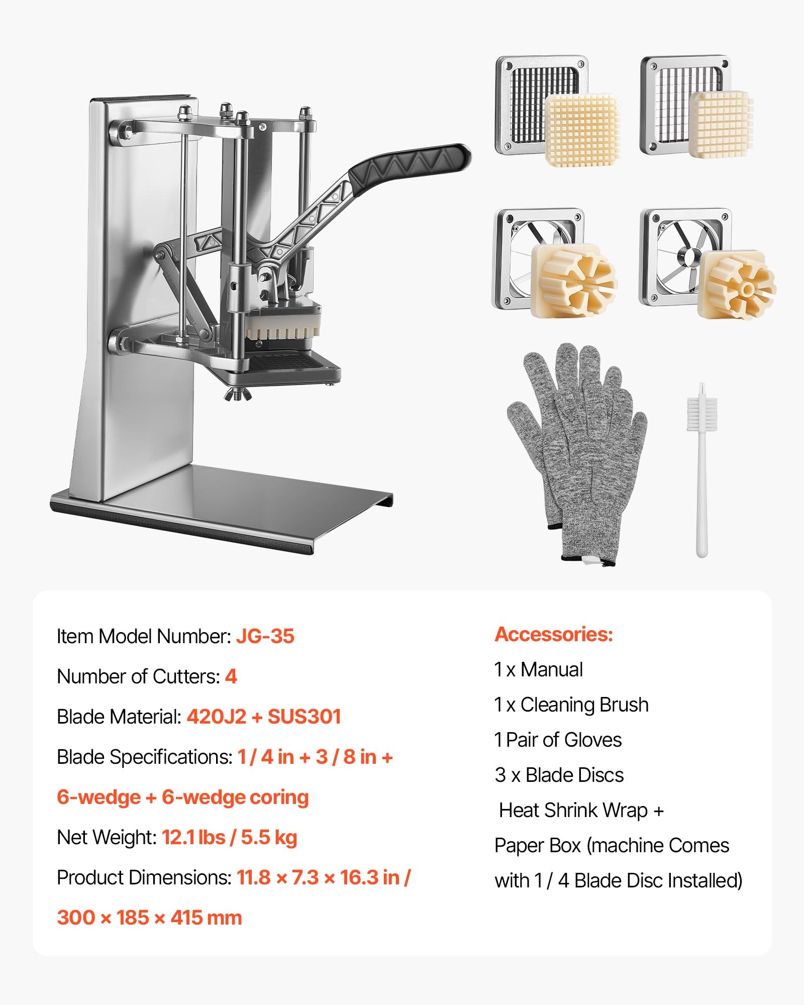 VEVOR French Fry Cutter, Commercial Vegetable Chopper with 4 Replacement Blades, 0.6 cm, 0.9 cm Blade Easy Dicer Chopper, 6-wedge Slicer and 6-wedge Apple Corer, 420J2 Stainless Steel, Wall Mount