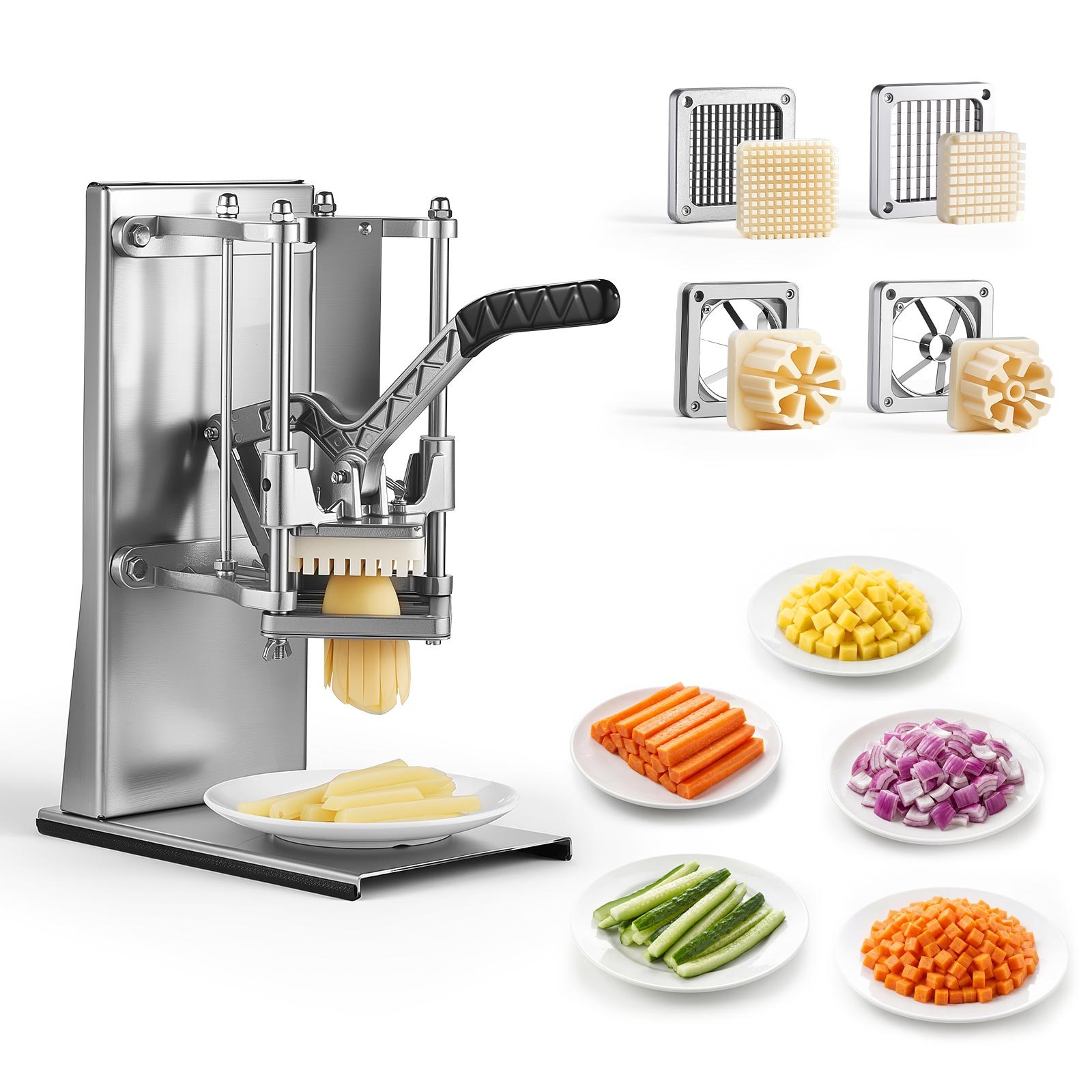 VEVOR French Fry Cutter, Commercial Vegetable Chopper with 4 Replacement Blades, 0.6 cm, 0.9 cm Blade Easy Dicer Chopper, 6-wedge Slicer and 6-wedge Apple Corer, 420J2 Stainless Steel, Wall Mount
