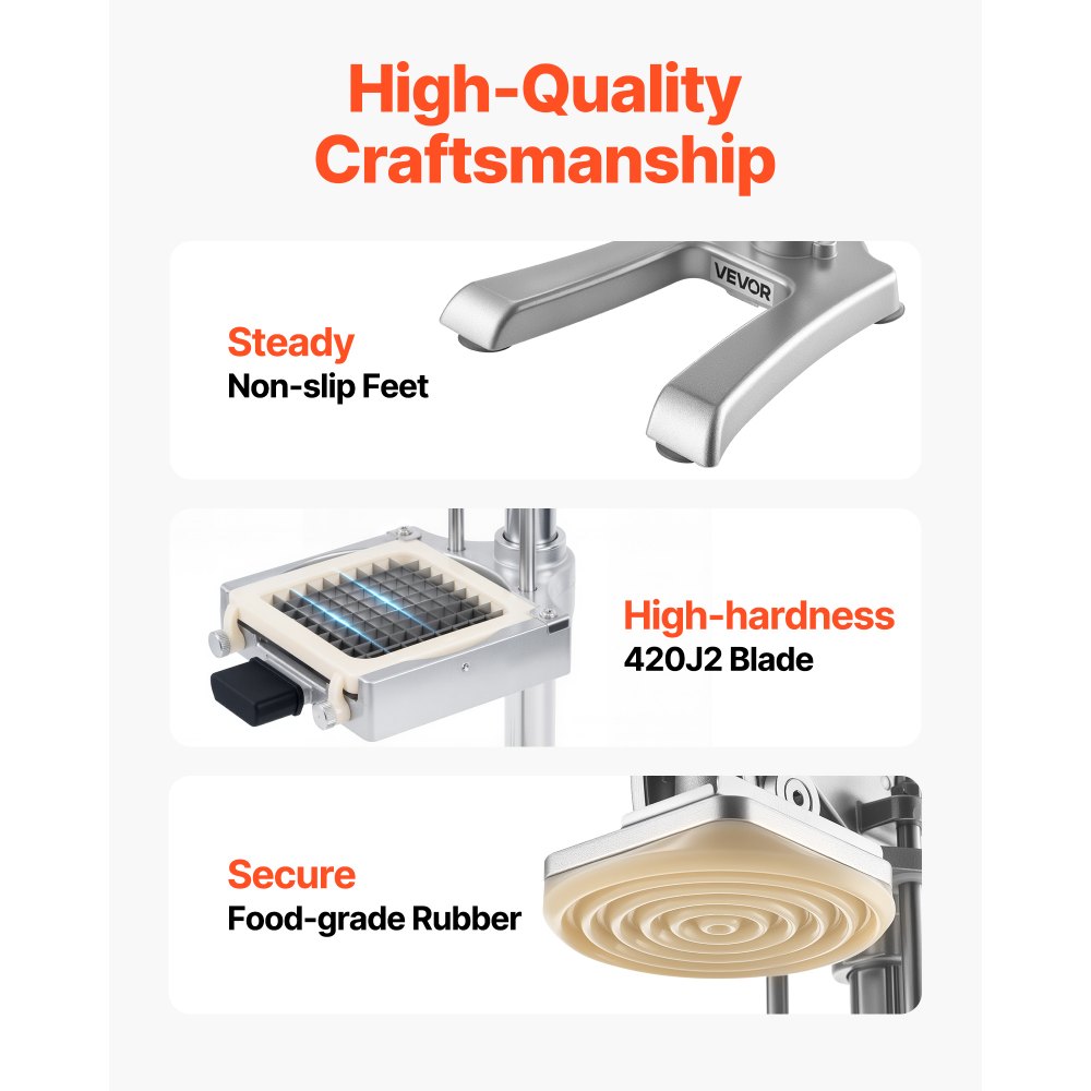 VEVOR Commercial French Fry Cutter, Stainless Steel Vegetable Fruit Chopper with 3 Replacement Blades 1/2-Inch 3/8-Inch 1/4-Inch, and a Juicing Blade, Manual Potato Slicer Dicer for Restaurants & Home