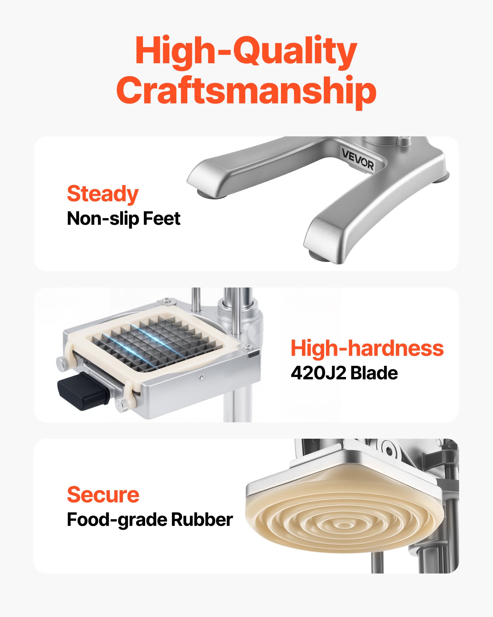 VEVOR Commercial French Fry Cutter, Stainless Steel Vegetable Fruit Chopper with 3 Replacement Blades 1/2-Inch 3/8-Inch 1/4-Inch, and a Juicing Blade, Manual Potato Slicer Dicer for Restaurants & Home