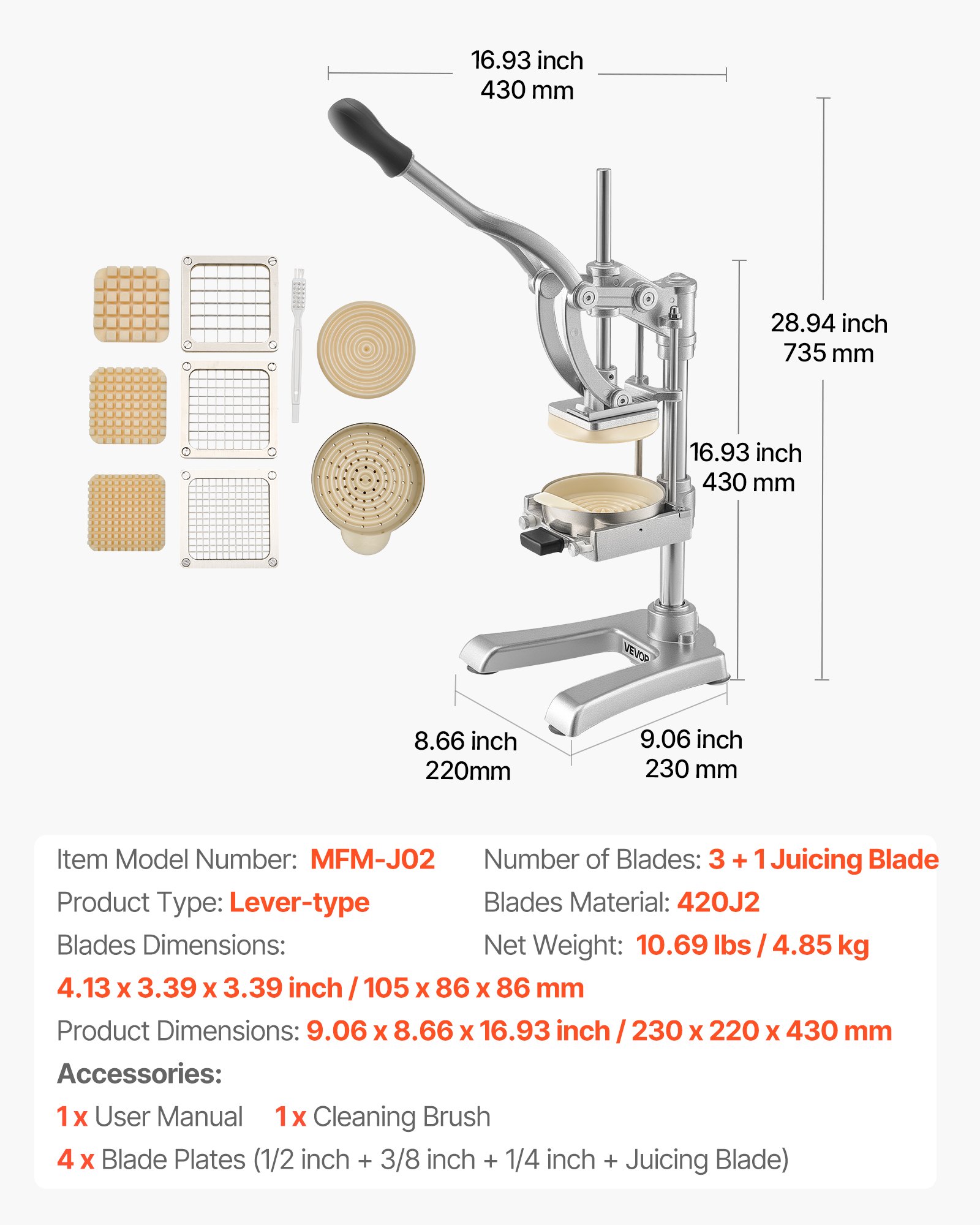 VEVOR Commercial French Fry Cutter, Stainless Steel Vegetable Fruit Chopper with 3 Replacement Blades 1/2-Inch 3/8-Inch 1/4-Inch, and a Juicing Blade, Manual Potato Slicer Dicer for Restaurants & Home