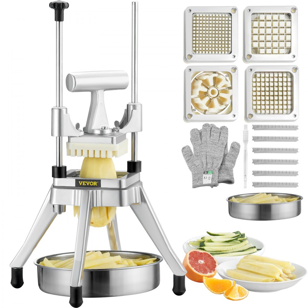 VEVOR vegetable chopper with interchangeable blades, gloves, wrench, and bowls, showcasing cut veggies.