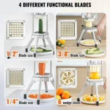 VEVOR Commercial Vegetable Fruit Chopper, Stainless Steel French Fry Cutter with 4 Blades 1/4" 3/8" 1/2", 6-wedge Slicer, Chopper Dicer with Tray, Heavy Duty Cutter for Potato Tomato Onion Mushroom