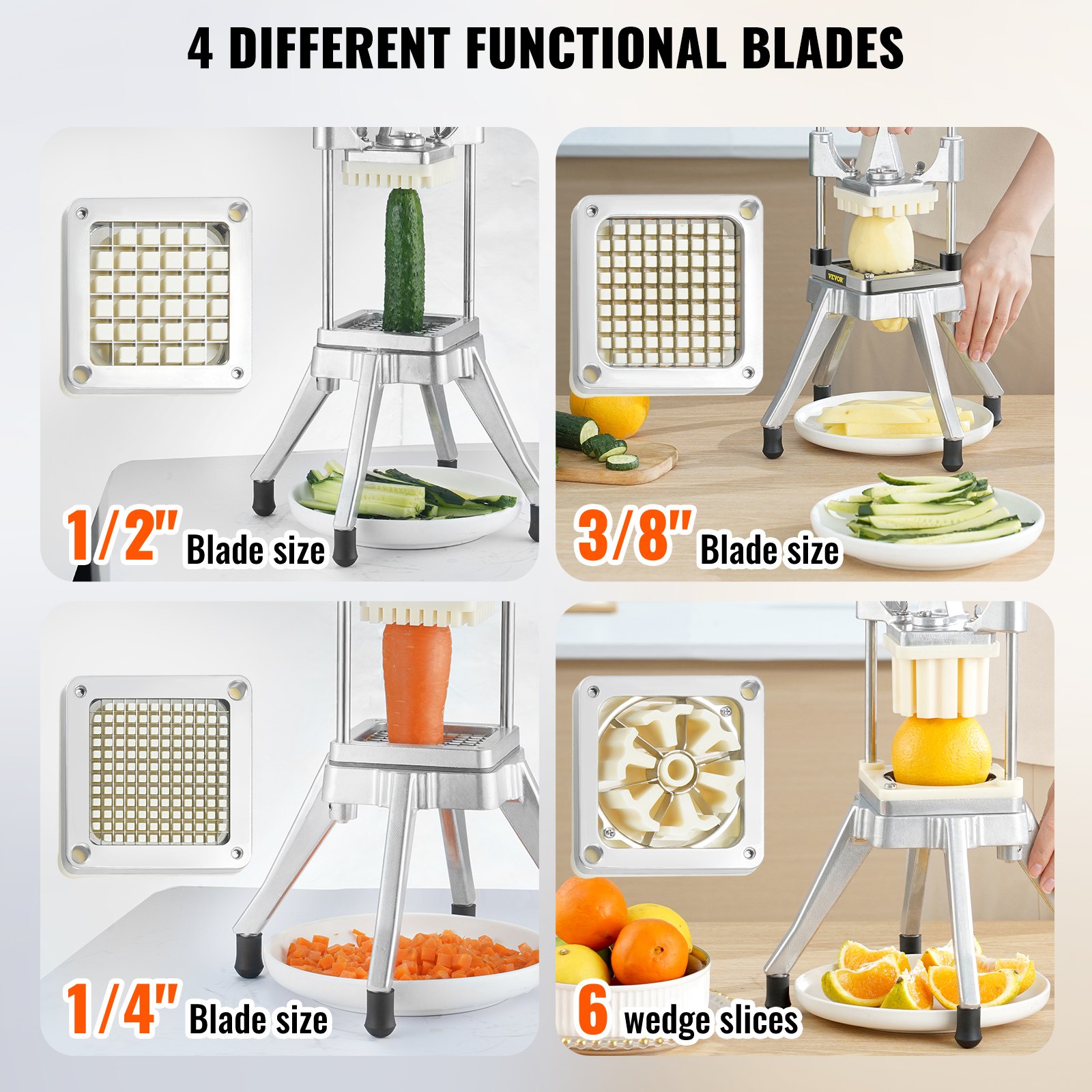 VEVOR vegetable chopper displaying 4 blade options: 1/2&quot;, 3/8&quot;, 1/4&quot; diced, and 6 wedge slices.