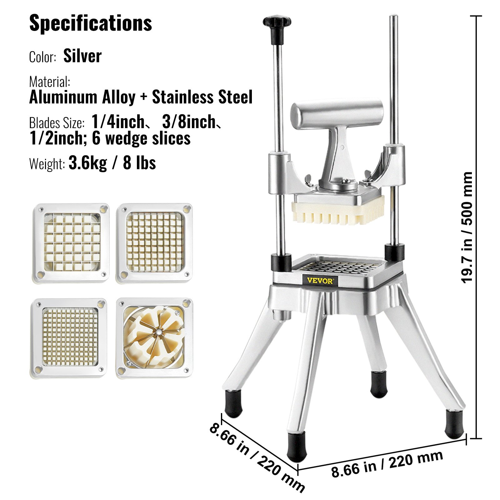 VEVOR Commercial Vegetable Fruit Chopper, Stainless Steel French Fry Cutter with 4 Blades 1/4" 3/8" 1/2", 6-wedge Slicer, Chopper Dicer with Tray, Heavy Duty Cutter for Potato Tomato Onion Mushroom