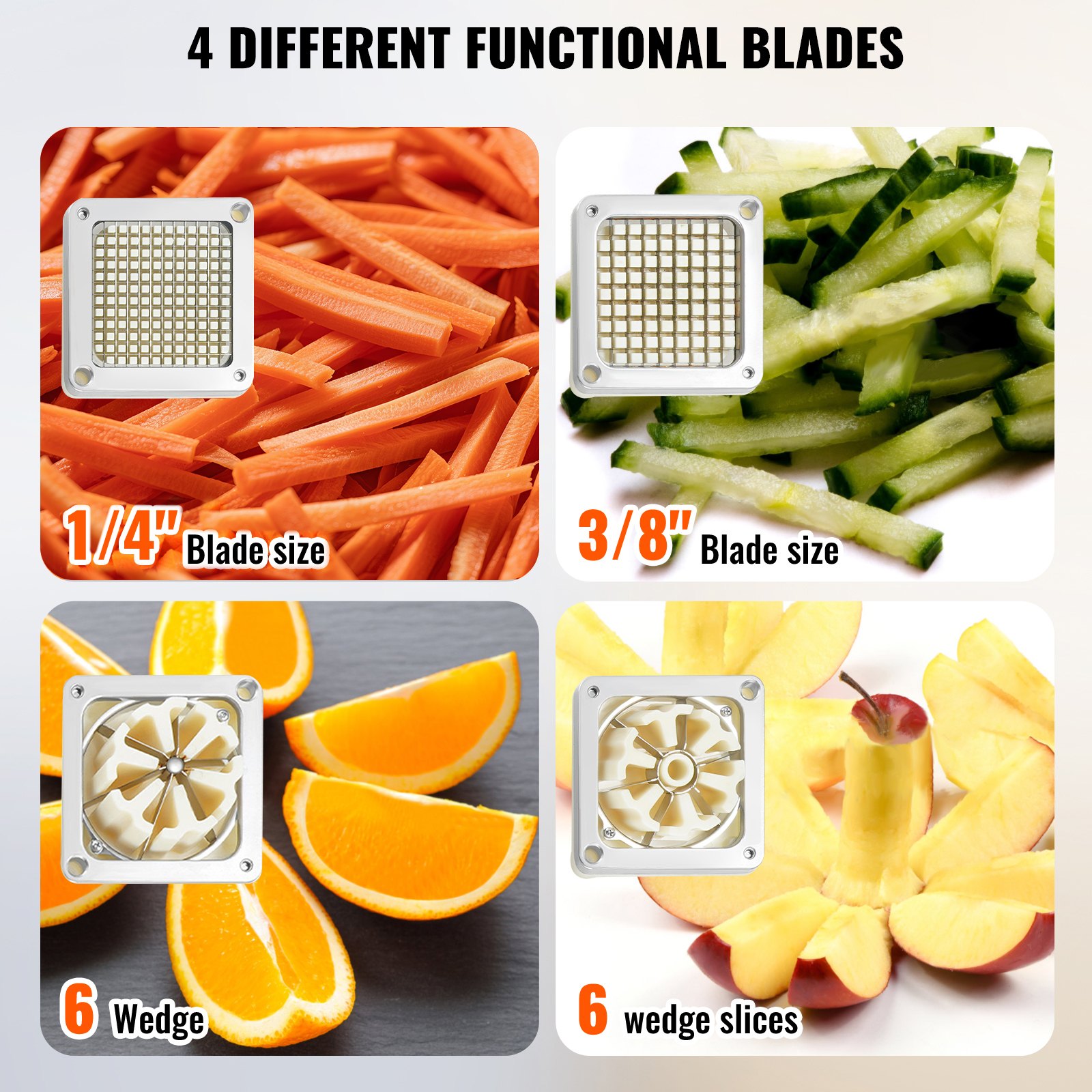 VEVOR Commercial French Fry Cutter with 4 Replacement Blades, 0.64 cm & 0.95 cm Blade Easy Dicer Chopper, 6-wedge Slicer & 6-wedge Apple Corer, Lemon Potato Cutter for French Fries with Tray and Handle