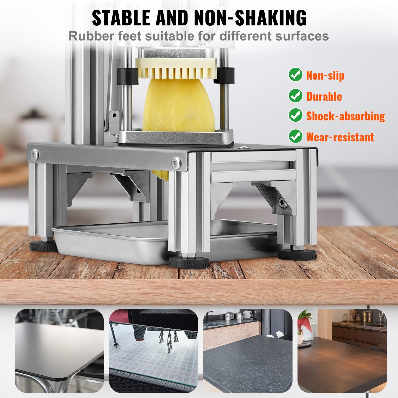 VEVOR Commercial French Fry Cutter with 4 Replacement Blades, 0.64 cm & 0.95 cm Blade Easy Dicer Chopper, 6-wedge Slicer & 6-wedge Apple Corer, Lemon Potato Cutter for French Fries with Tray and Handle