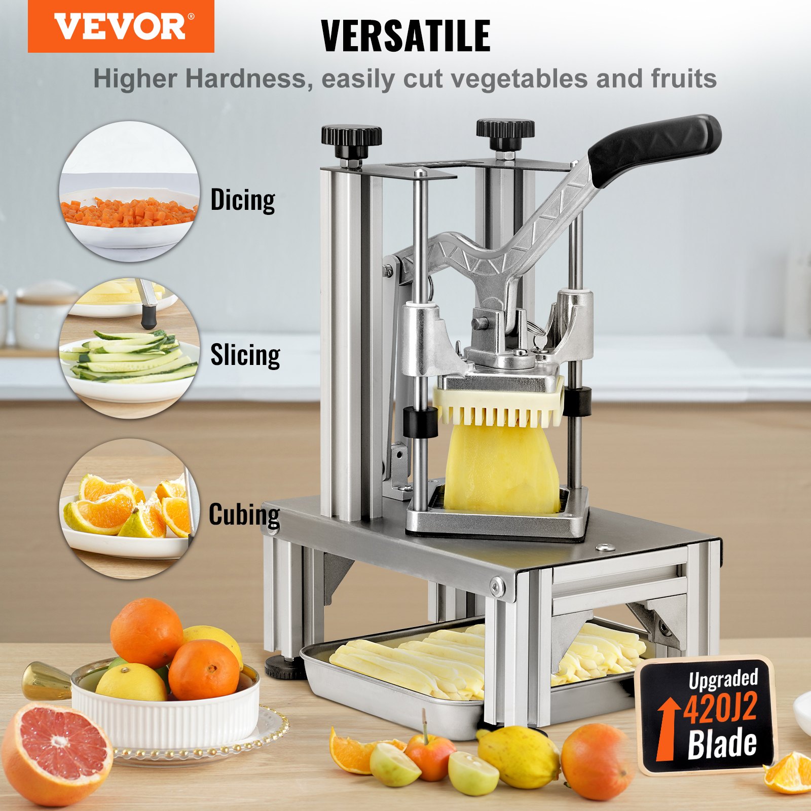VEVOR Commercial French Fry Cutter with 4 Replacement Blades, 0.64 cm & 0.95 cm Blade Easy Dicer Chopper, 6-wedge Slicer & 6-wedge Apple Corer, Lemon Potato Cutter for French Fries with Tray and Handle