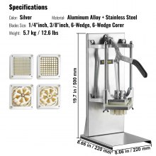 VEVOR Commercial French Fry Cutter with 4 Replacement Blades, 0.64 cm and 0.95 cm Blade Easy Dicer Chopper, 6-wedge Slicer and 6-wedge Apple Corer, Lemon Potato Cutter for French Fries with Extended Handle