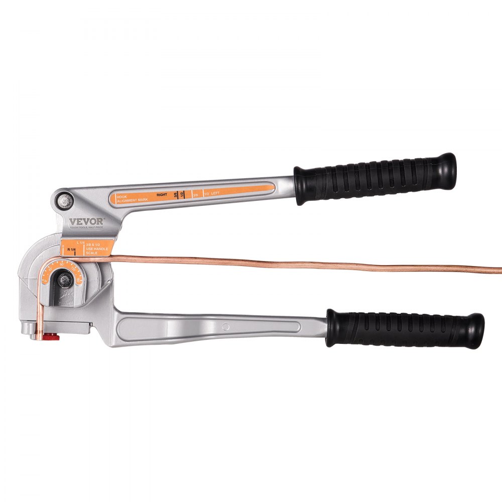 VEVOR pipe tube bender with dual black handles bending a copper pipe against a white background.