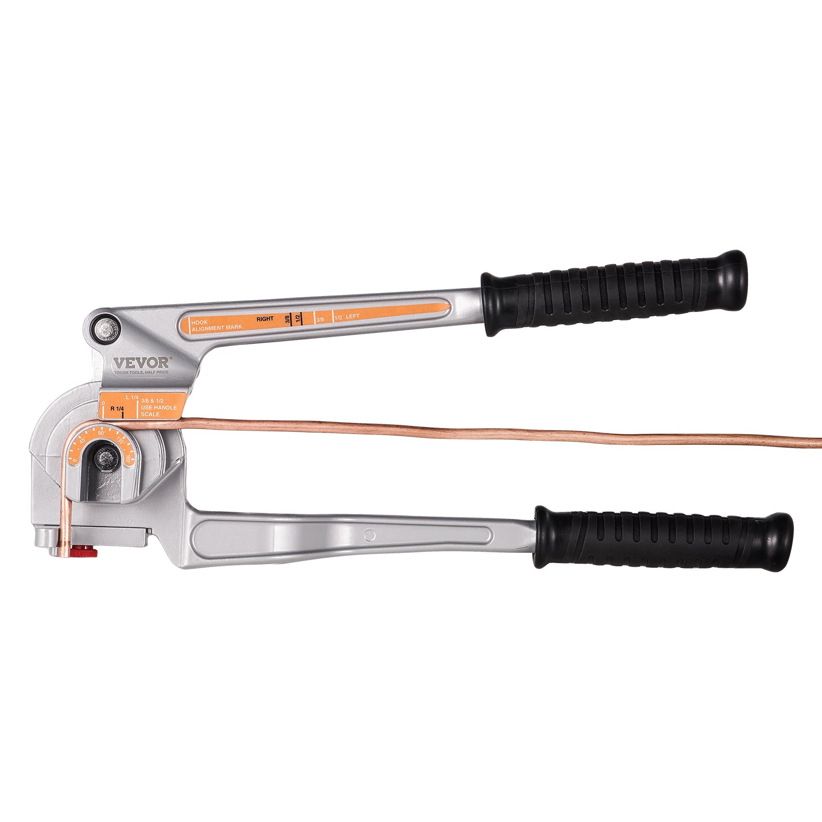 VEVOR pipe tube bender with dual black handles bending a copper pipe against a white background.