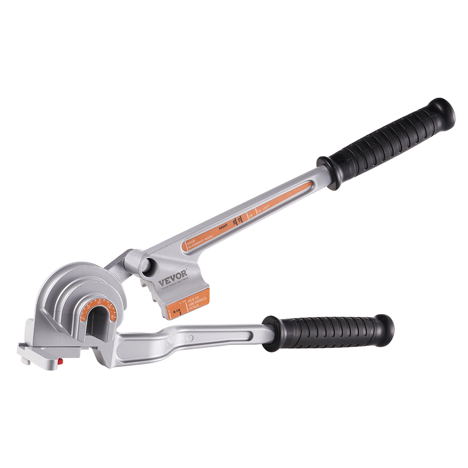 VEVOR pipe tube bender with black rubber grips and silver body for bending metal pipes accurately.