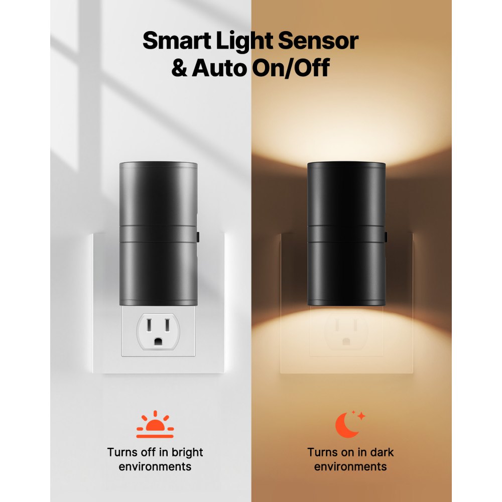 VEVOR LED Night Lights, 0-60LM Adjustable Brightness, Modern Night Lights Plug into Wall, Dusk to Dawn Sensor, 3000K Soft Warm White for Hallway Bathroom Stairway Bedroom, Black, 2 Pack