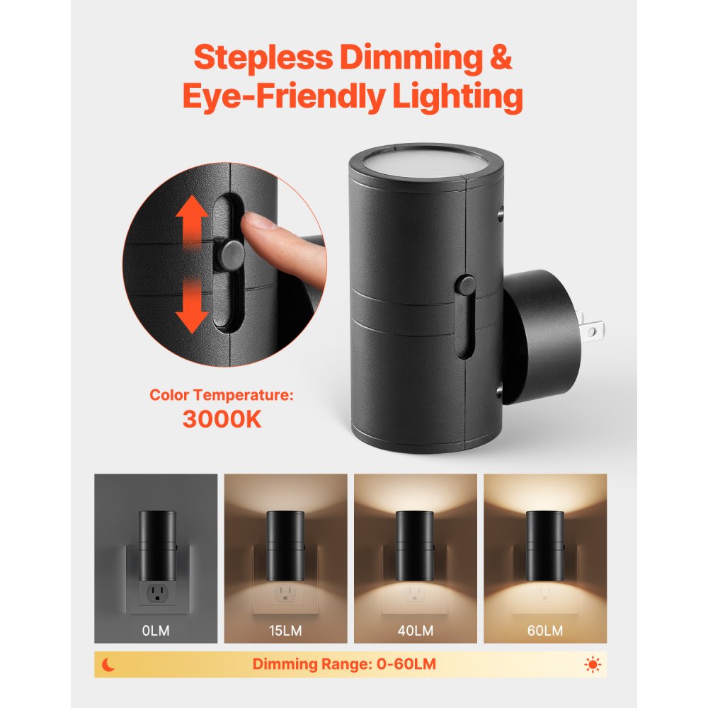 VEVOR LED Night Lights, 0-60LM Adjustable Brightness, Modern Night Lights Plug into Wall, Dusk to Dawn Sensor, 3000K Soft Warm White for Hallway Bathroom Stairway Bedroom, Black, 2 Pack
