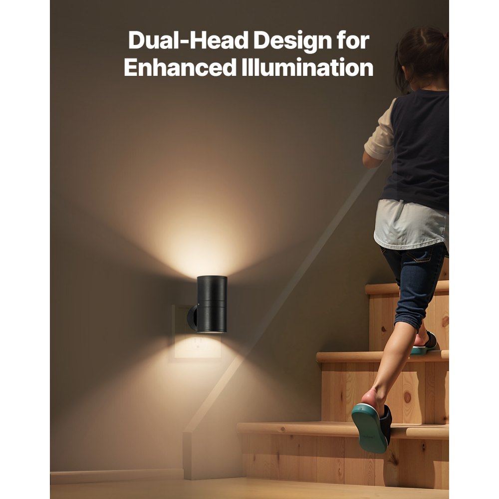 VEVOR LED Night Lights, 0-60LM Adjustable Brightness, Modern Night Lights Plug into Wall, Dusk to Dawn Sensor, 3000K Soft Warm White for Hallway Bathroom Stairway Bedroom, Black, 2 Pack