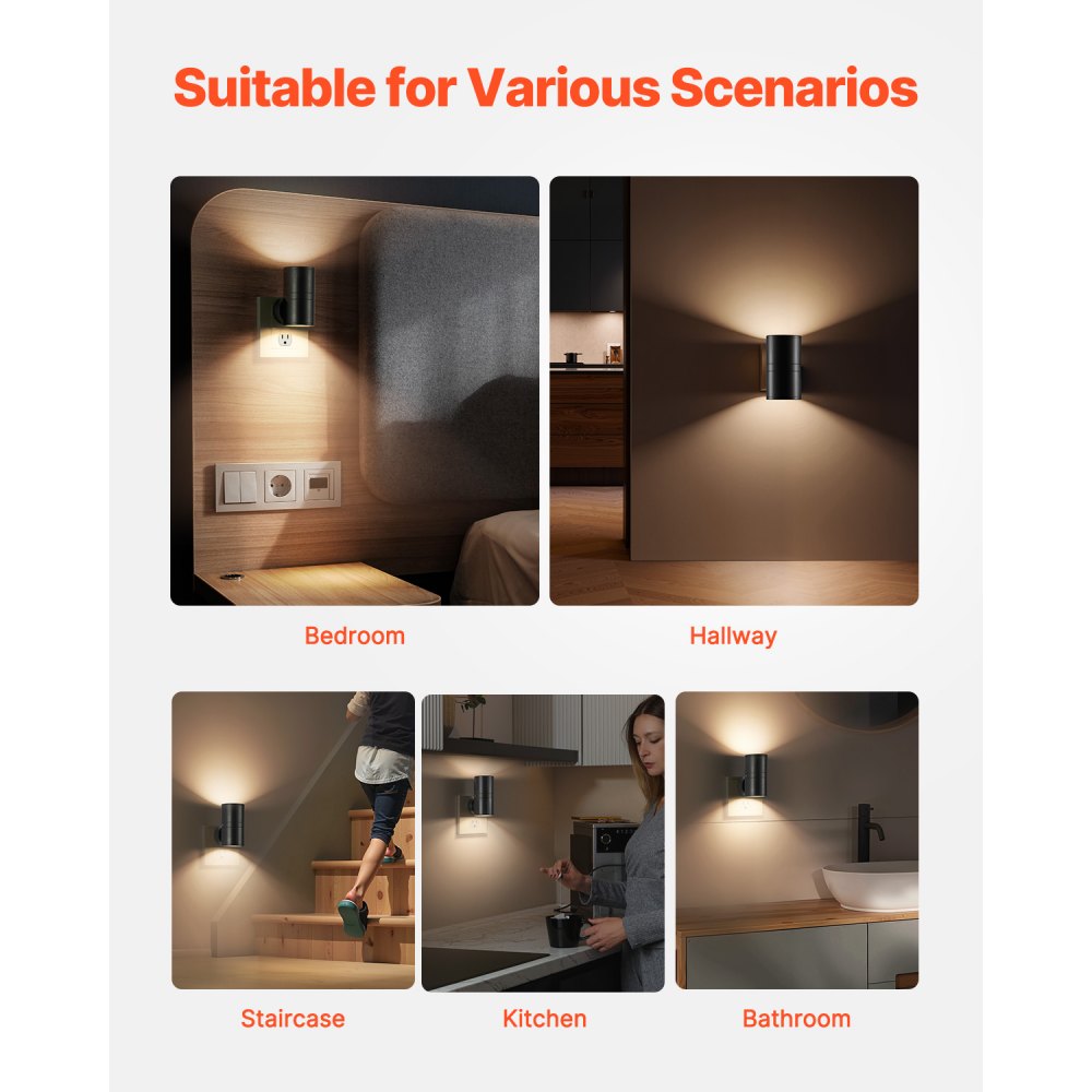 VEVOR LED Night Lights, 0-60LM Adjustable Brightness, Modern Night Lights Plug into Wall, Dusk to Dawn Sensor, 3000K Soft Warm White for Hallway Bathroom Stairway Bedroom, Black, 2 Pack