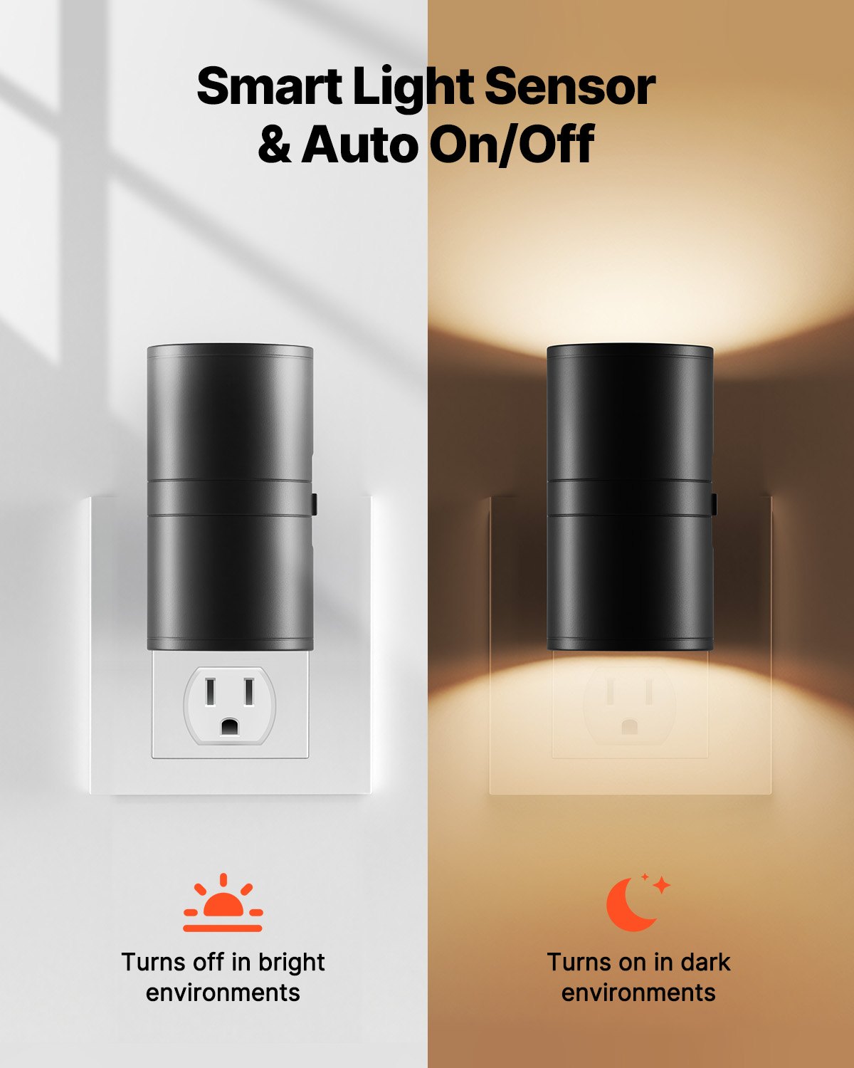 VEVOR LED Night Lights, 0-60LM Adjustable Brightness, Modern Night Lights Plug into Wall, Dusk to Dawn Sensor, 3000K Soft Warm White for Hallway Bathroom Stairway Bedroom, Black, 2 Pack
