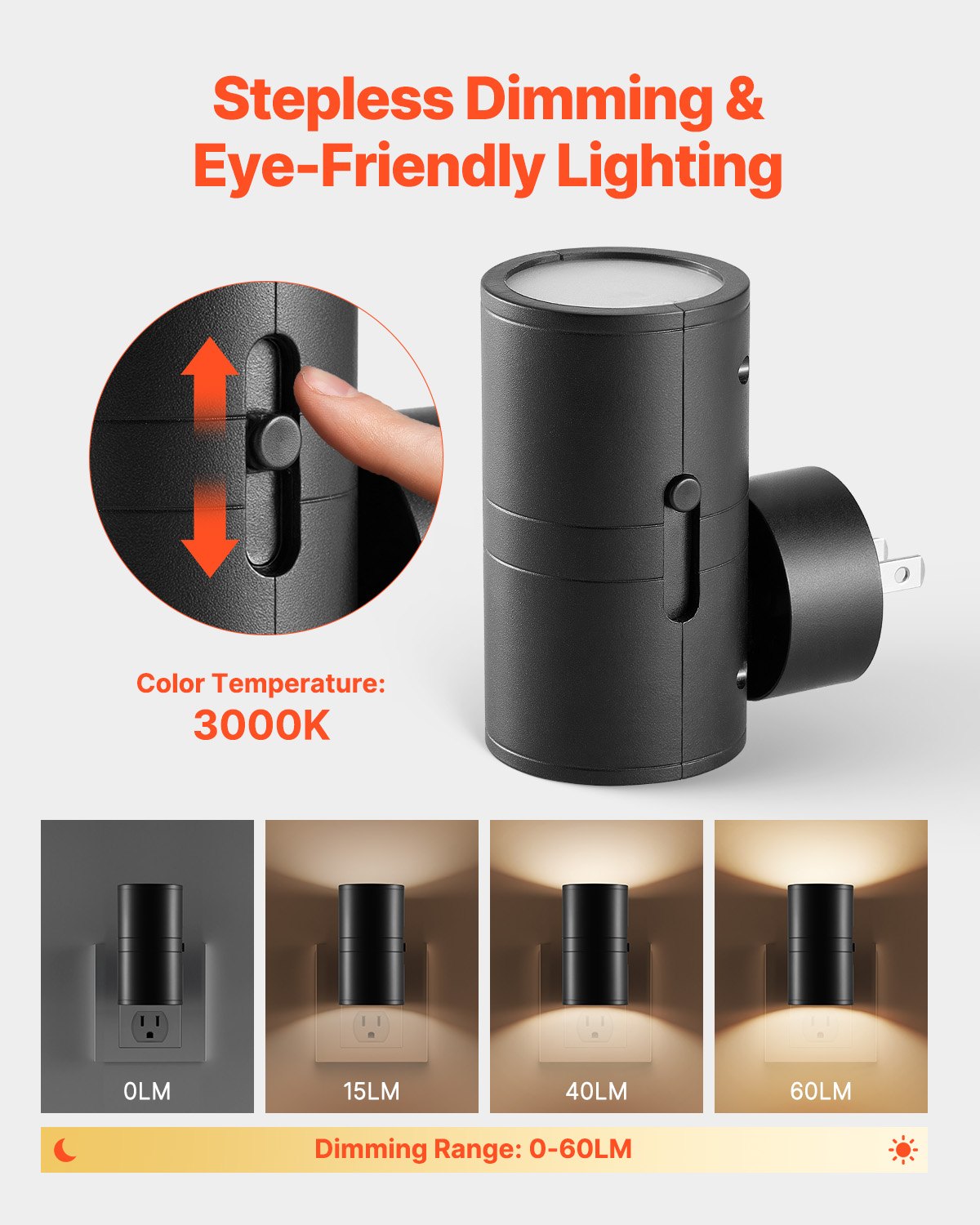 VEVOR LED Night Lights, 0-60LM Adjustable Brightness, Modern Night Lights Plug into Wall, Dusk to Dawn Sensor, 3000K Soft Warm White for Hallway Bathroom Stairway Bedroom, Black, 2 Pack