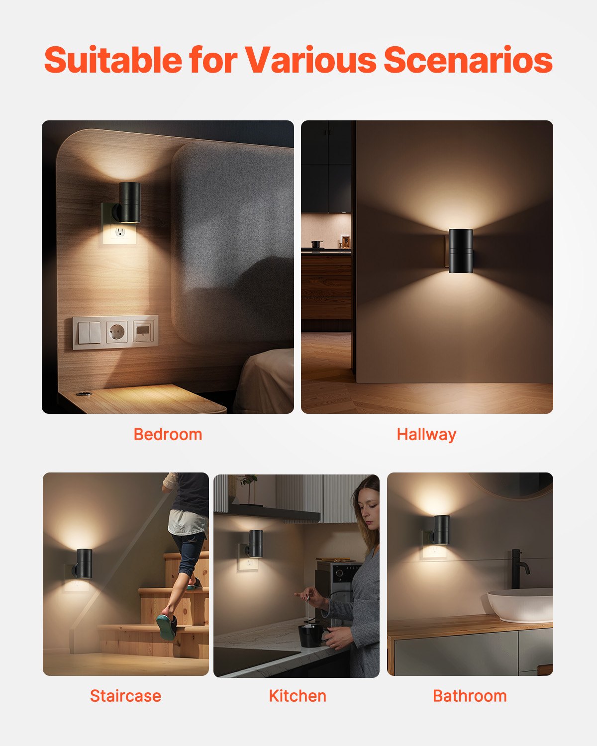 VEVOR LED Night Lights, 0-60LM Adjustable Brightness, Modern Night Lights Plug into Wall, Dusk to Dawn Sensor, 3000K Soft Warm White for Hallway Bathroom Stairway Bedroom, Black, 2 Pack
