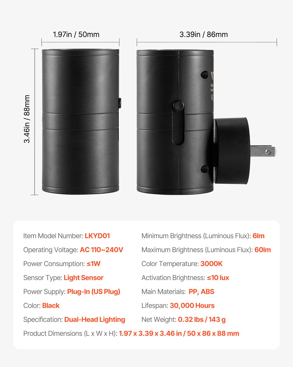 VEVOR LED Night Lights, 0-60LM Adjustable Brightness, Modern Night Lights Plug into Wall, Dusk to Dawn Sensor, 3000K Soft Warm White for Hallway Bathroom Stairway Bedroom, Black, 2 Pack