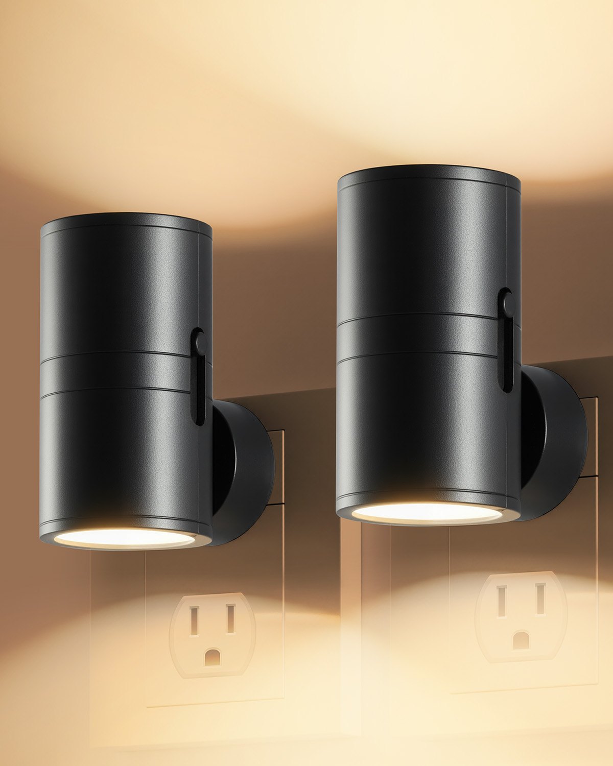 VEVOR LED Night Lights, 0-60LM Adjustable Brightness, Modern Night Lights Plug into Wall, Dusk to Dawn Sensor, 3000K Soft Warm White for Hallway Bathroom Stairway Bedroom, Black, 2 Pack