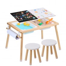 VEVOR Sensory Table and Chairs Set, Toddlers Activity Table with 2 Stools, 2 Storage Bins & Paper Roll Holder, Indoor/Outdoor Play Sand and Water Table, Wooden Kids Sensory Table - Gift for Boys Girls