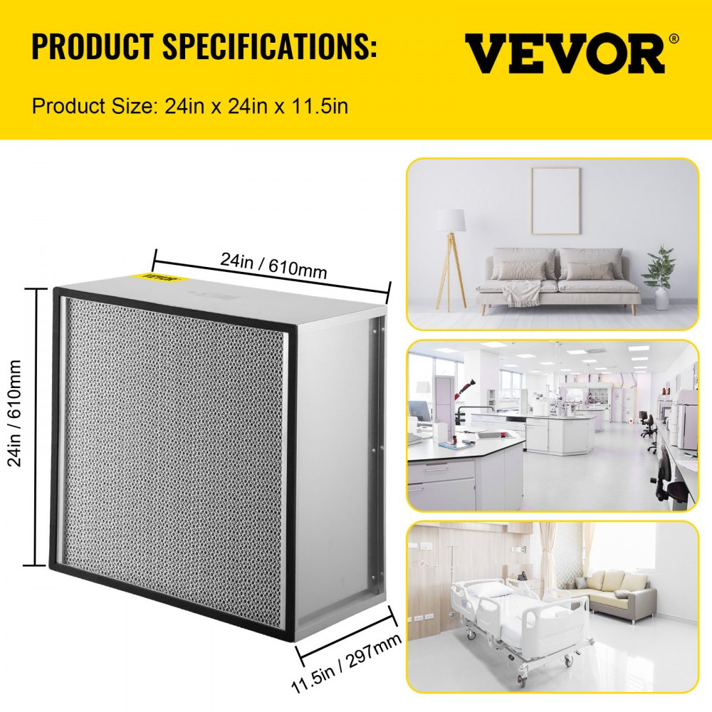 VEVOR HEPA Replacement Filter, 24\'\'x24\'\'x11.5\'\' AC Filter, True HEPA Pleated Air Filter, Air Filter Replacement with Galvanized Frame, 99.97% Standard Filter Compatible for HEPA Filter Novair 20