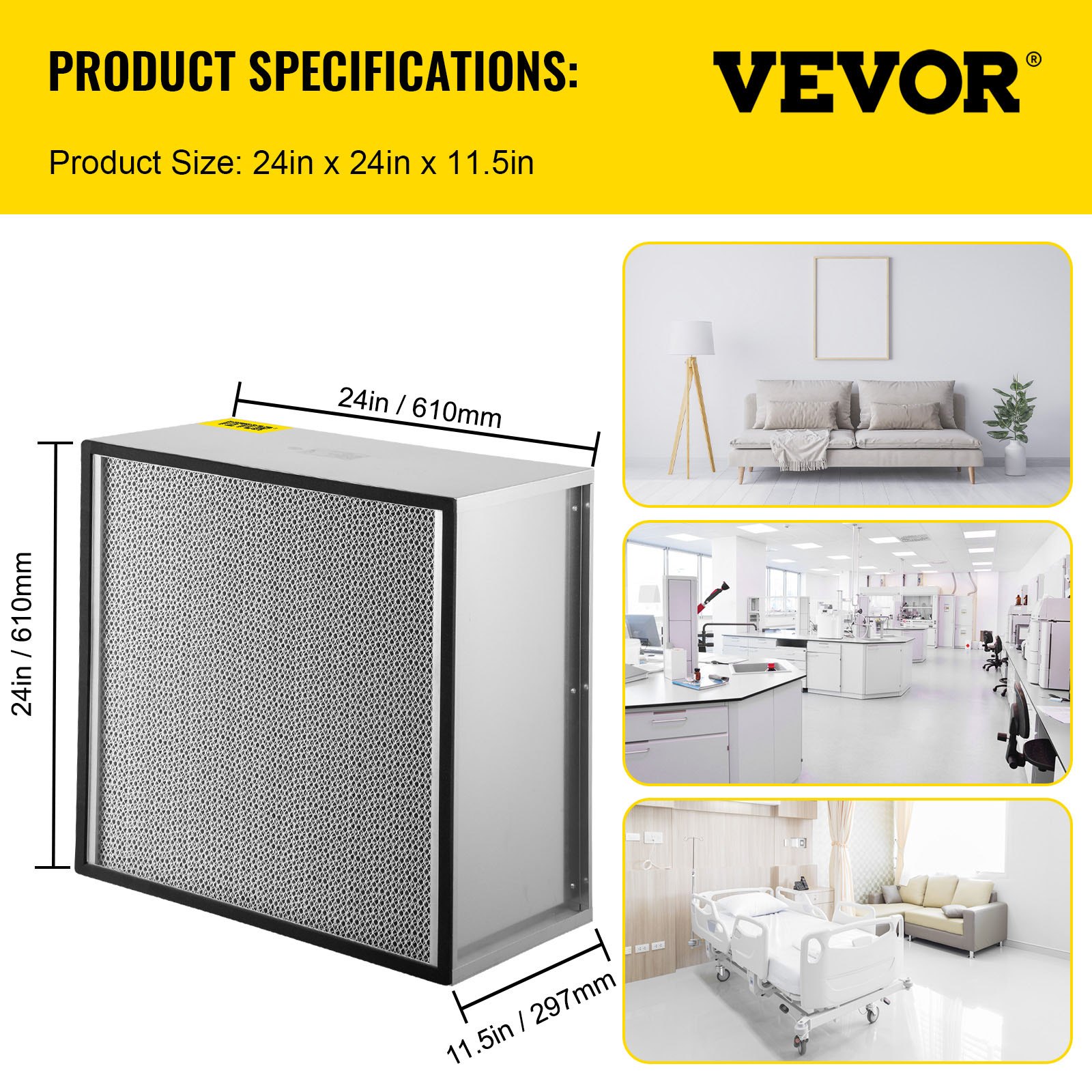 VEVOR HEPA Replacement Filter, 24\'\'x24\'\'x11.5\'\' AC Filter, True HEPA Pleated Air Filter, Air Filter Replacement with Galvanized Frame, 99.97% Standard Filter Compatible for HEPA Filter Novair 20